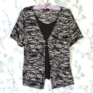 Ashley J Womens Short Sleeve Blouse Black & White Sparkle Pattern Layered Top
